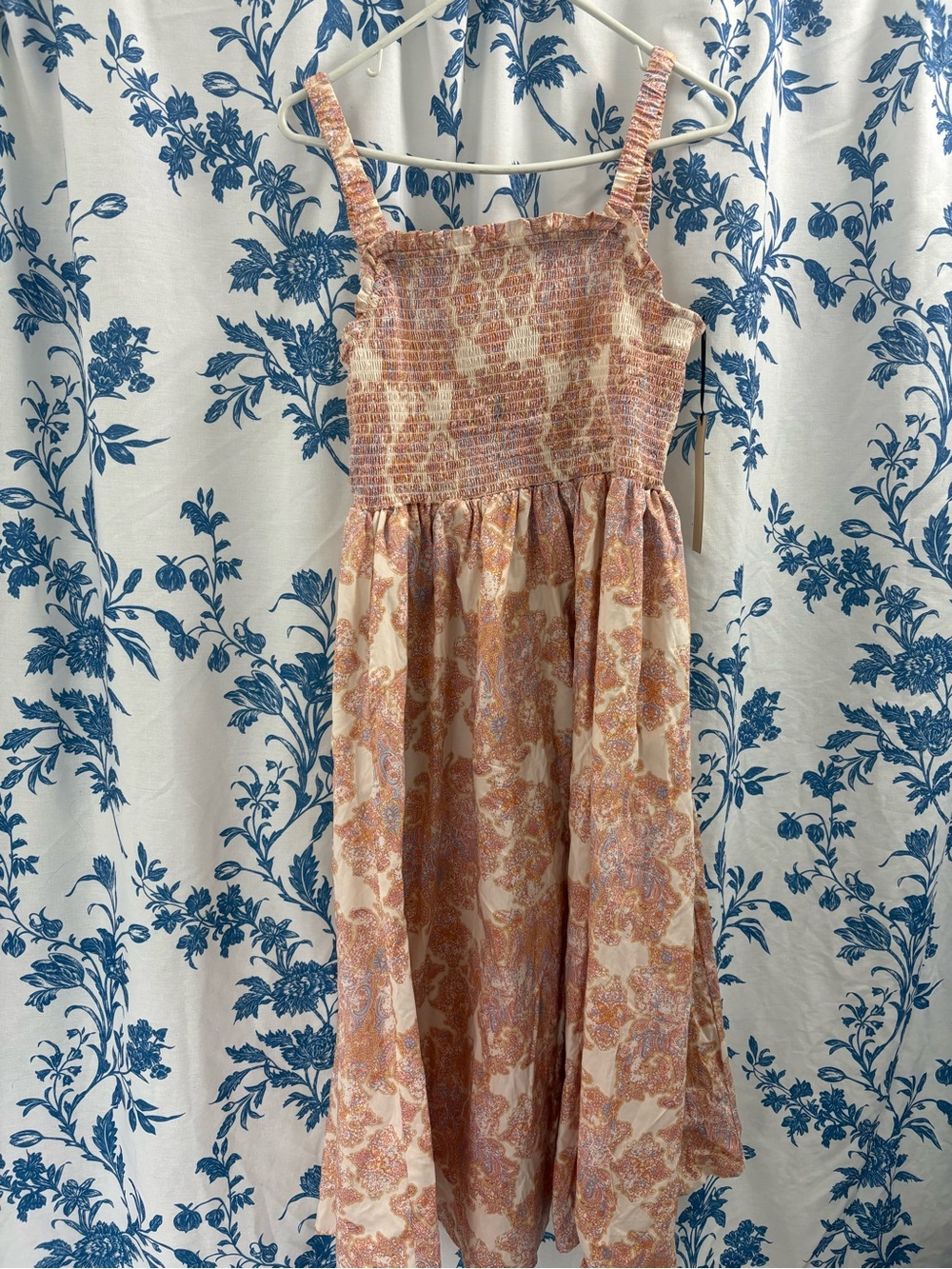 Smocked Bodice Paisley Maxi Dress in Peach Cream